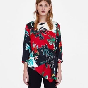 Zara Black and Red Floral Print Asymmetrical Hem Blouse Size XS